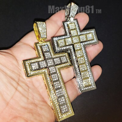 #ad Iced Hip Hop Gold Plated Large Two Tone Cross Religious Cubic Zirconia Pendant $16.99