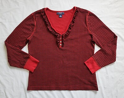 #ad Chaps Womens Henley Sweater Size Large Ruffle Neck Long Sleeve Red 100% Cotton $13.00