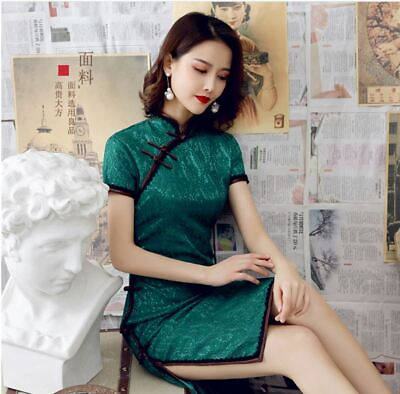 #ad New Luxurious Royal Green Chinese Short Lace Dress Cheongsam Qipao lcdress83 GBP 20.99