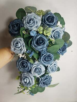 #ad Dusty Blue Rose Eucalyptus Faux Foam Bridal Wedding Bouquet Accessories $399.99