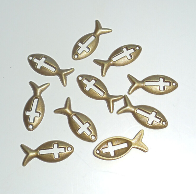 #ad 10 Christian Charms Bronze Ichthus Fish Jewelry Making Beading Craft Supply $3.55