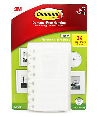 #ad New 3M Command Picture Hanging Strips 34 Large Pairs 68 Strips Holds 16 lbs $16.99
