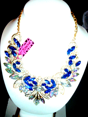 #ad Betsey Johnson Stunning Blue Clear Crystal Rhinestone Gold Statement Necklace $43.94