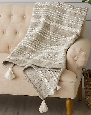 #ad NEW Farmhouse CREAM TAN Woven Throw Blanket Tassels 50quot; x 60quot; Textured Cottage $59.88