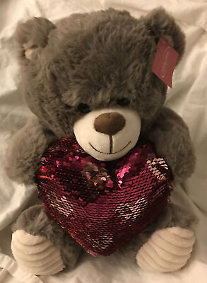#ad New Bear holding a Reversible Sequin Heart Valentine 10 inch Gray $9.99