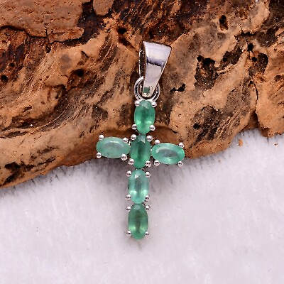 #ad AAA Natural Emerald 925 Sterling Silver Cross Pendant Necklace Handmade Jewelry $79.99