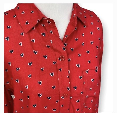 #ad Beach Lunch Lounge Womens Size Medium Blouse Red Heart Print Casual Button Down $19.00