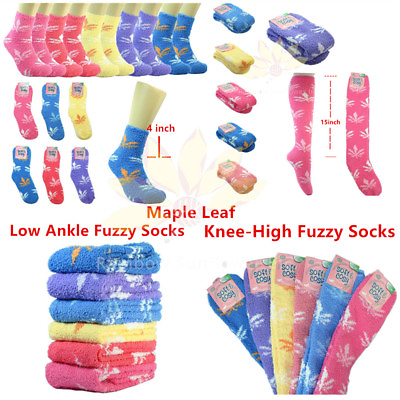 #ad Women#x27;s Soft Cozy Warm Fuzzy Indoor or Winter Crew Low Knee High Sock Maple Leaf $29.89