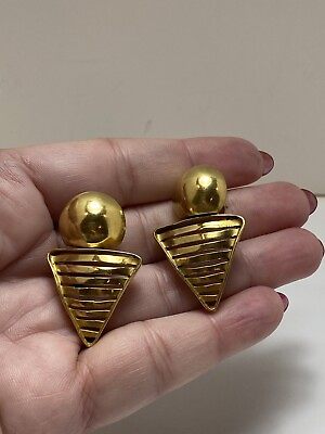 #ad Vtg 1980s Earrings Geometric 10K GF Articulated Artisian Signed Button Triangle $39.99