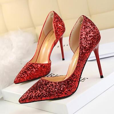 #ad Women#x27;s Evening Sequin Stilettos Shoes Pointy Toe Party 9.5CM High Heel Fashion $49.99