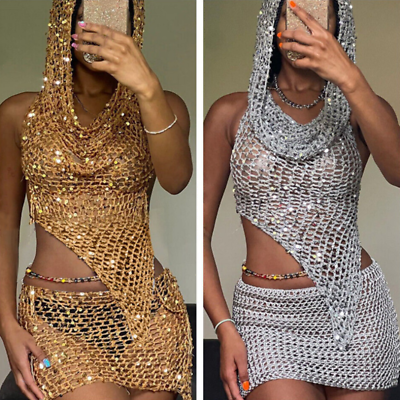 #ad Sequins Womens Knitted Outfits 2 Piece Backless Hollow Out Mini Skirt Set Party $34.99