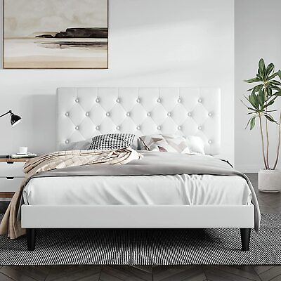 #ad Full Size Faux Leather Platform Bed Frame with Button Tufted Headboard White $189.99