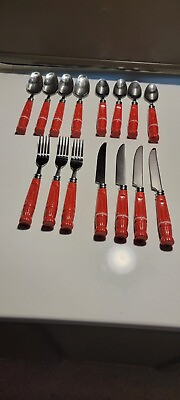 #ad Gibson Houseware#x27;s Stainless amp; Red Coca Cola Bottle Handle 15 Piece Flatware $24.90