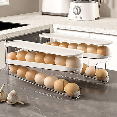 #ad Kitchen Egg Holder Space Saving Automatic Scrolling Egg 2 Layer Rack Storage Box $30.64