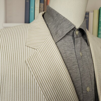 #ad Jos A Bank Seersucker Blazer Men Size 52R Brown White Striped Cotton Two Button $59.99