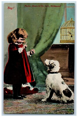 #ad c1905 Little Girl Dog Training Bird Cage Beg Unposted Antique Postcard $14.95