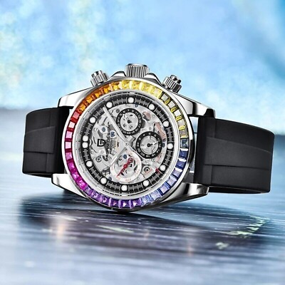#ad PAGANI DESIGN Watch Rainbow Automatic Rubber Waterproof Wristwatch $137.50