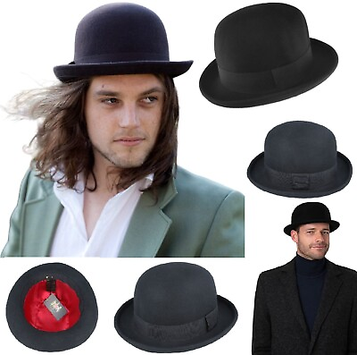 #ad Bowler Hat Men’s Crushable Wool Soft Unisex Black Satin Lined Round Derby Hats GBP 35.75