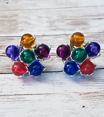 #ad Vintage Clip On Earrings Multi Colored Balls Large Statement 1.25quot; $15.99