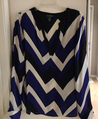 #ad Ralph Lauren Lauren Blouse Women XL Blue Black White Chevron Long Sleeve V Neck $19.75