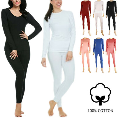 #ad Womens 100% Cotton Thermal Long Johns Underwear Top amp; Bottom 2PC Set Waffle Knit $15.88