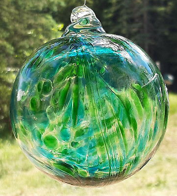 #ad Hanging Glass Ball 4quot; Diameter Aqua amp; Green Swirls 1 HGB3 $17.00