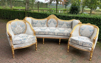 #ad 1940#x27;s French Louis XVI Sofa Set in Gold Beech and Damask 3 Piece Ensemble $3510.00