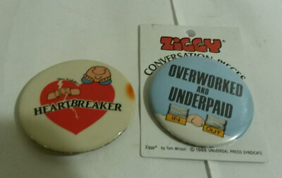 #ad Ziggy Tom Wilson lot 2 button pin 1990s button Overworked Underpaid Heartbreaker $10.00