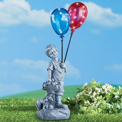 #ad Charming Boy amp; Dog with Solar Powered Lighted Balloons Decorative Garden Statue $24.99