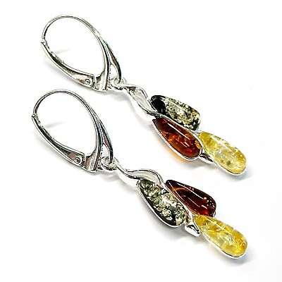 #ad 925 Solid Sterling Silver Multicolor Baltic Amber Drop Style Leverback Earrings $34.99