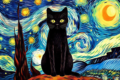 #ad Black Cat Starry Night Moon $3.20