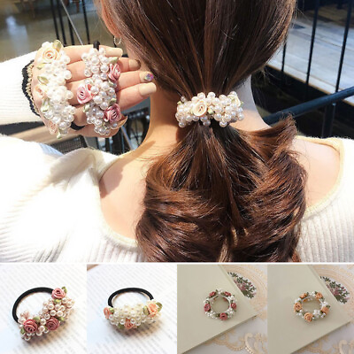 #ad Elegant Womans Flower Pearl Beaded Ponytail Holder Elastic Band Hair Accessorie☆ $1.86