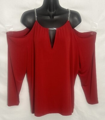 #ad Michael Kors Womens Red Blouse Cold Shoulder Silver Chain Size 2X $26.99