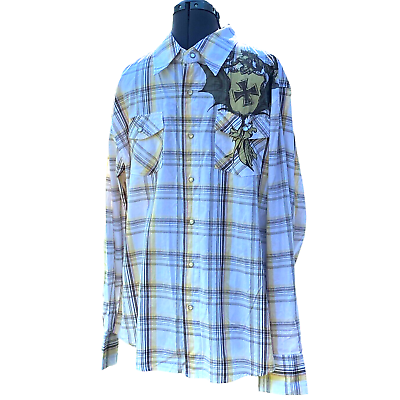 #ad Machine Mens Large Pearl Snap Shirt Light Multicolor Plaid Affliction Style $45.00