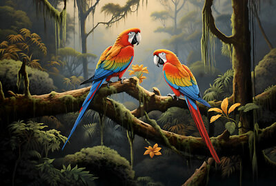 #ad Home Art Wall Decor Parrot Macaw Tropical Birds Oil Painting Printed On Canvas $199.70