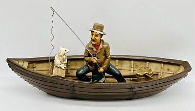 Vintage Carved amp; Painted Resin Fisherman w Boat and dog unique Man’s Hat Broken $85.00