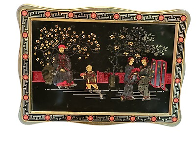#ad Vintage Black Metal Tea Tin Asian Chinese Geisha Girl Emperor Caddy Box Rare $18.91