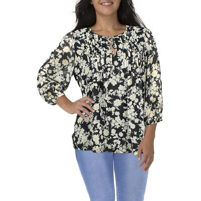#ad Tommy Hilfiger Womens Navy Floral Pleated Placket Blouse Shirt Plus 1X BHFO 5876 $16.99