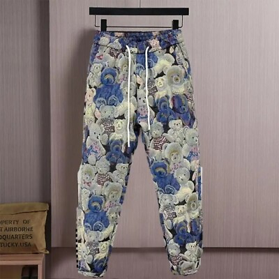 #ad Mid Waist Pants Quirky Near Print Trousers Mens Bear Print Harem Pants Casual $35.99