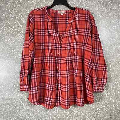 #ad Woman Within Plus Size Orange Pink Plaid Flannel Peasant Blouse Size 30 32 3X $24.99