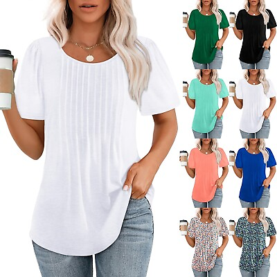 #ad Women#x27;s Summer Soild Color T Shirt Bell Short Sleeve Pleated Dressy Casual Top $11.14