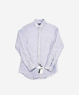 #ad $125 Ralph Lauren 100% Linen Shirt Men#x27;s Sz Medium Button Up Striped Blue White $49.97