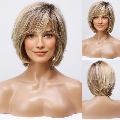 #ad Short Straight Bob Wig Root Ombre Blonde Hair Wigs with Bangs for Women US $89.99