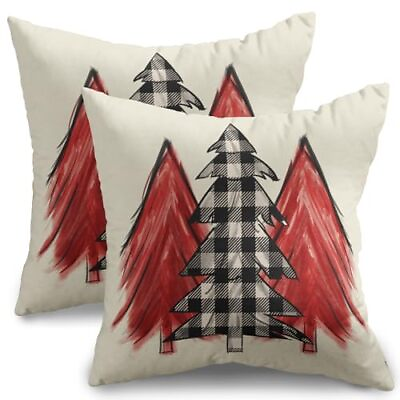 #ad Red Watercolor Tree Christmas Pillow Covers 18x18 Set of 2 Rustic Winter Them... $13.30