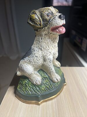 #ad Vintage Cast Iron Doorstop Bookend Sitting Pup Dog 5” White Brown Green Gold $35.00