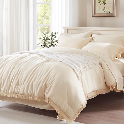 #ad Queen Comforter Set 7 Piece with Sheets Beige Boho Bed in a Bag with Tassel Ligh $56.49