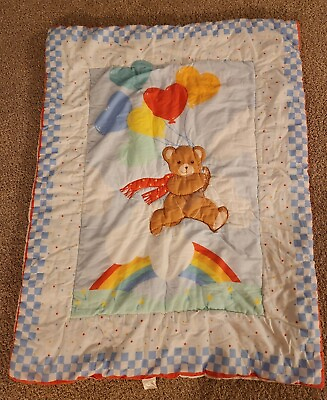 #ad Vintage Little Bedding Nursery Blanket Teddy Bear Heart Balloons 80s 1983 Rare $15.99
