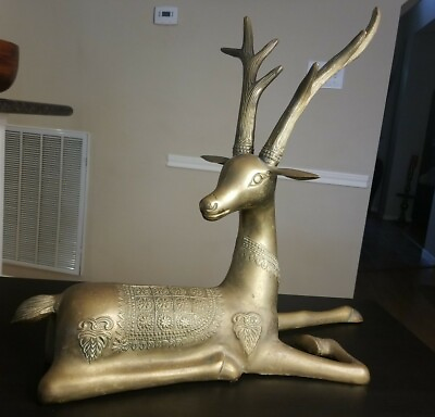 #ad VINTAGE LARGE AMAZING NOBLE 21quot; TALL x 24.5quot; LONG BRASS DEER IN REPOSE. KOREA $385.00