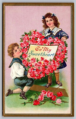 #ad Postcard To My Valentine Lovely Kids Holding Pink Rose Heart Gold Border $15.95