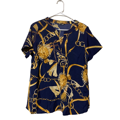 #ad Shein Womens Blouse Blue Gold Short Sleeve V Neck Stretch Tassel Chain Print L $10.99